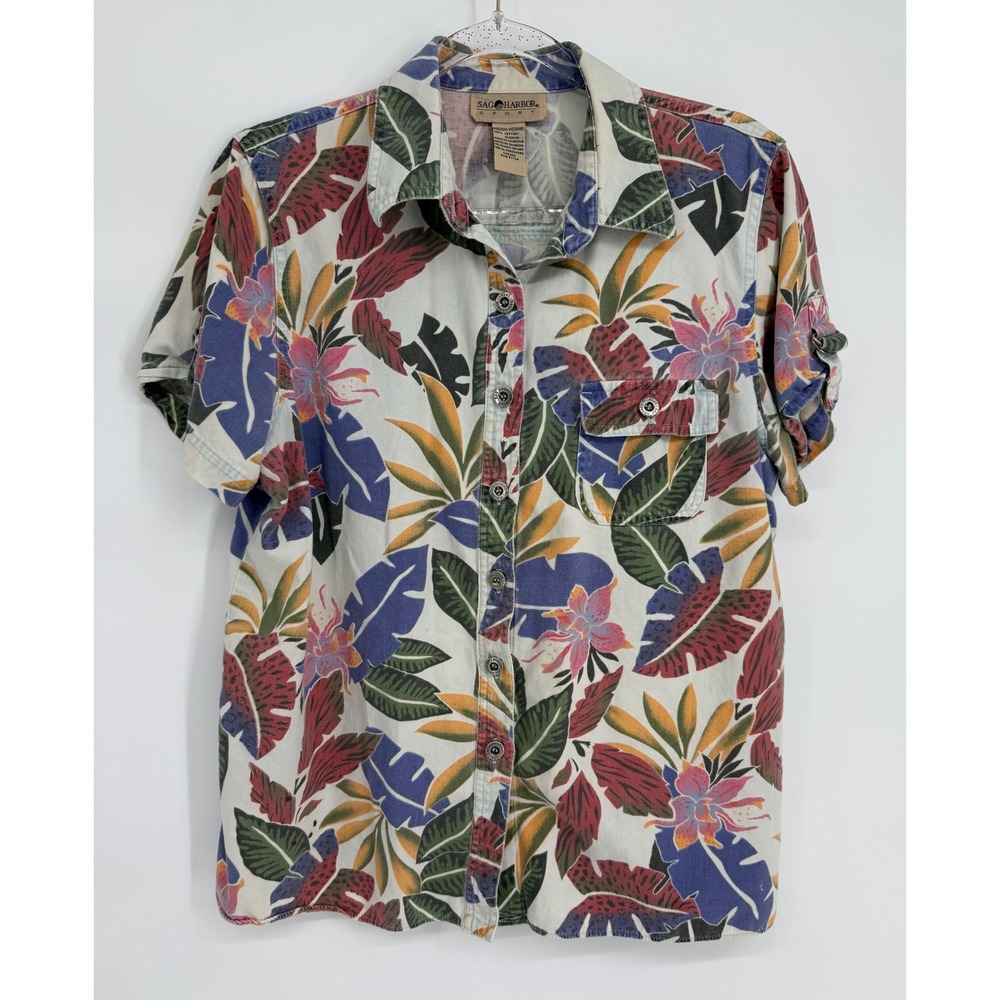 Sag Harbor Sport Womens Medium Cotton Tropical Floral Button Up Shirt Multicolor